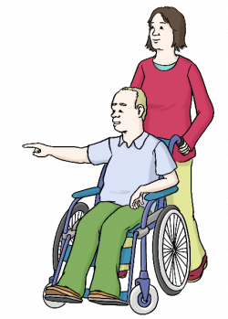 Auf dem Bild sieht man einen Mann im Rollstuhl. Hinter ihm ist eine Frau, die den Rollstuhl schiebt.