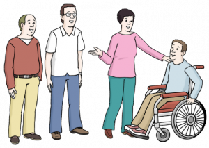 Auf dem Bild sieht man vier Personen. Eine sitzt im Rollstuhl. Sie wird von den anderen Personen angelächelt und mit einer Handbewegung in die Gruppe eingeladen.