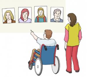 Das Bild zeigt einen Mann im Rollstuhl. Neben ihm steht eine Frau. Vor dem Mann hängen Bilder von mehreren Personen. Der Mann zeigt mit dem Finger auf eines von ihnen.
