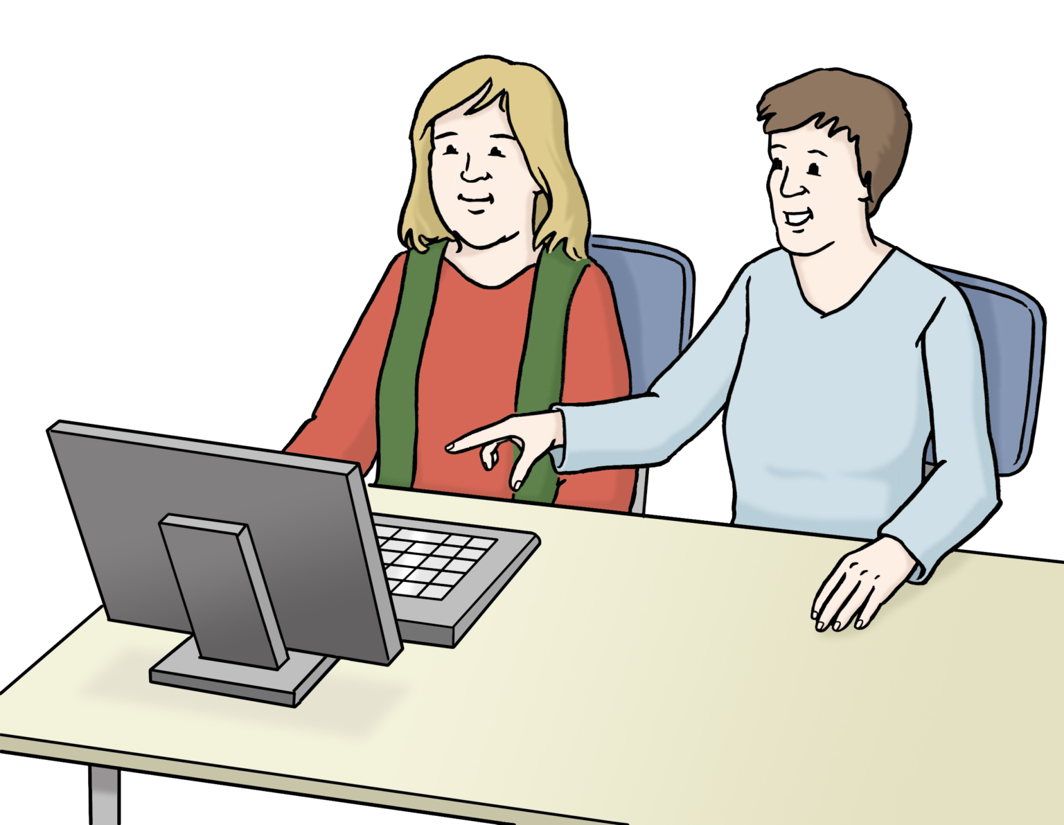 Das Bild zeigt zwei Personen, die vor einem Computer sitzen. Eine Person zeigt der anderen etwas im Computer.